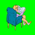 Woman seat on armchair and read newspaper. Back view, chillout concept. Cartoon style illustration isolated on green